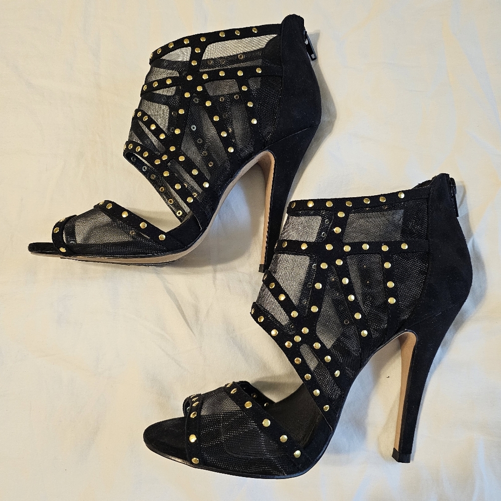 Aldo Black and Gold Stiletto Heels with Cage Design